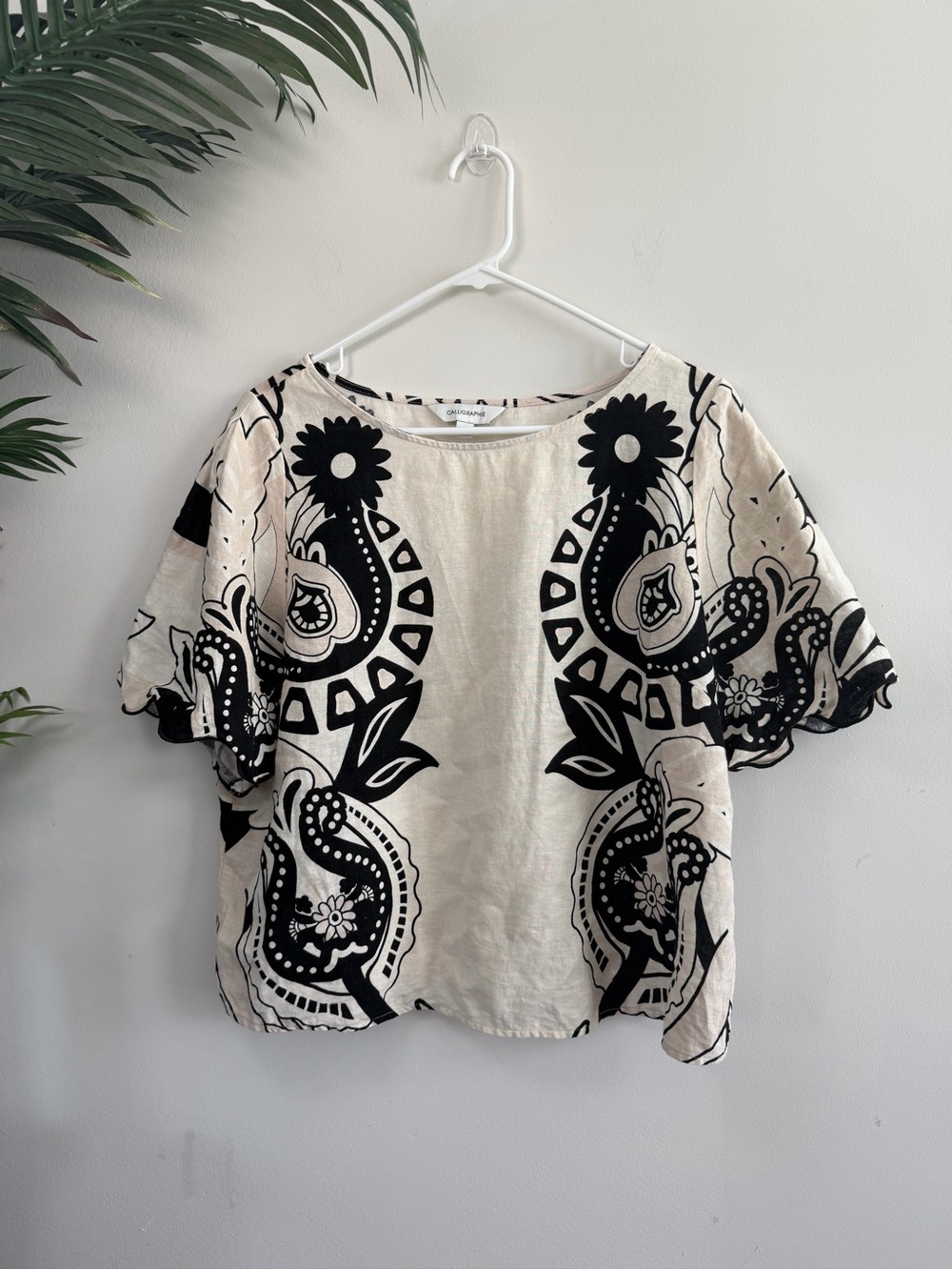 Calligraphie Womens Large Crop Top Linen Blend Paisley Floral Scalloped Sleeve